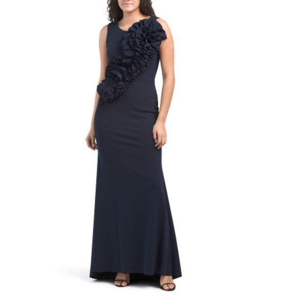 Betsy & Adam Navy Sleeveless Crepe Gown with 3D Ruffle Detail Size 8 NWT - Picture 1 of 9